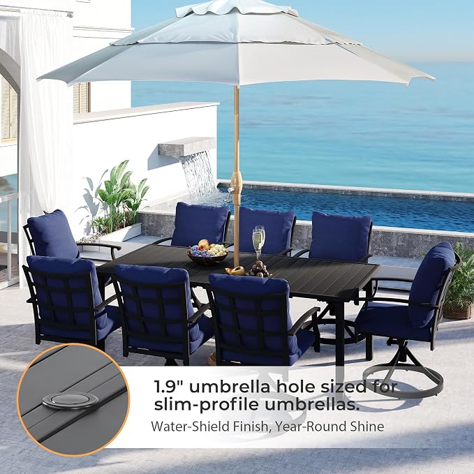 HAPPATIO 9-Piece Patio Dining Set, Outdoor Dining Set with Powder-Coated Metal,Dining Table with Umbrella Hole, 8 Swivel Chairs with Removable Cushions for Porch Poolside Garden,Navy Blue