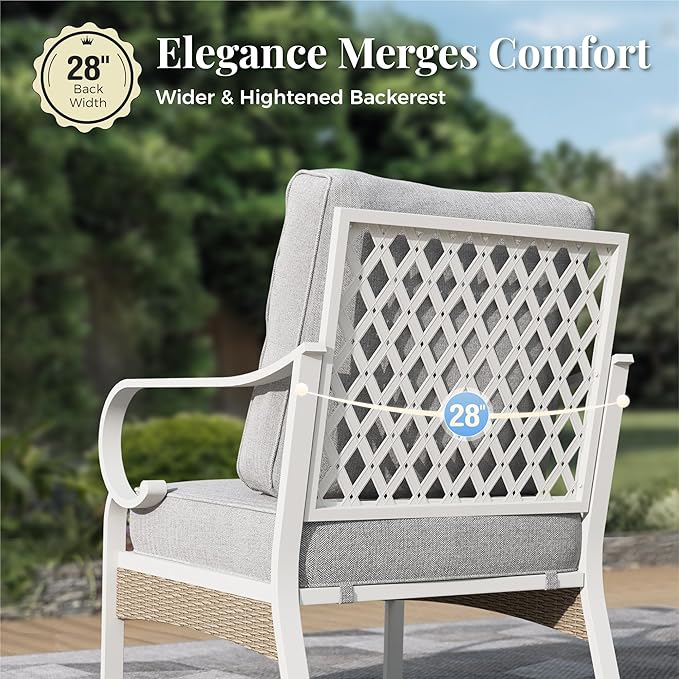 6 Piece Metal Patio Furniture Set, 7-Seat All Weather Outdoor Conversation Set with 3-Seat Sofa & 4 Fixed Chairs & Coffee Table, Outdoor Sofa Set for Backyard, Deck, Garden, White/Light Grey