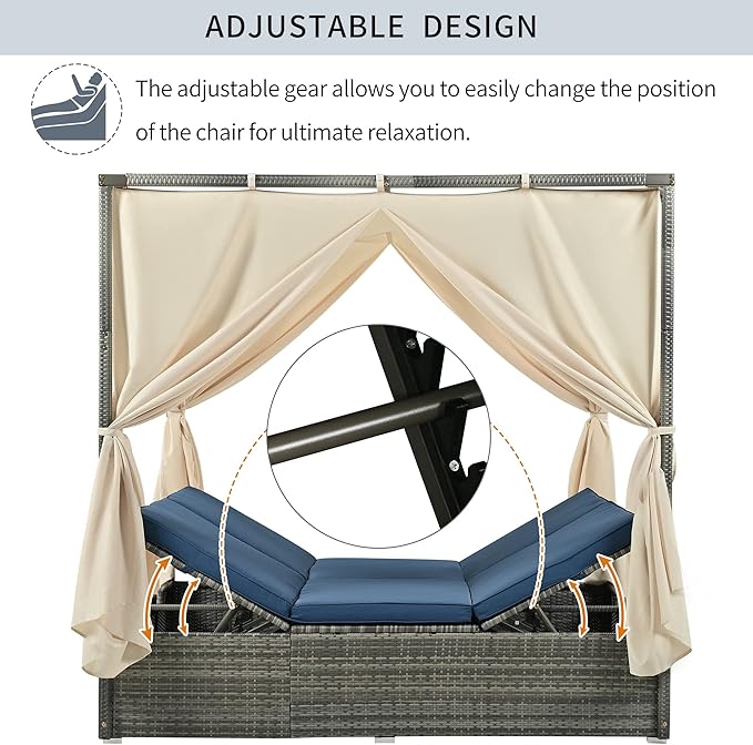 KEVINSPACE Outdoor Daybed with Curtain Canopy Bed Patio Furniture Adjustable Sunbed Set All-Weather Rattan Sun Lounger Patio Wicker Sofa Set Patio Conversation Set Curtains for Garden Yard Blue