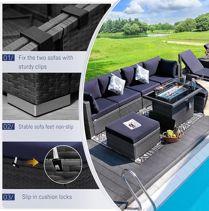 BULEXYARD 11 Piece High Back Patio Furniture Set with Fire Pit Table, Extra Deep Wide Seat Outdoor Sectional Sofa, All-Weather Wicker Modular Conversation Couch 10-Seats for Deck, Grey & Navy Blue