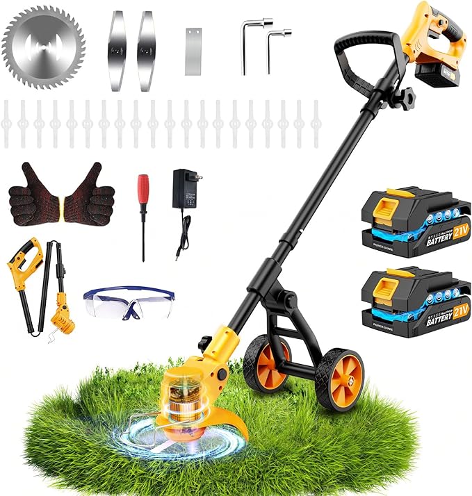 Electric Weed Wacker Cordless with Wheels,Electric Weed Eater Battery Powered,4 in 1 Grass Trimmer/Brush Cutter/Grass Edger/Small Lawn Mower,No String Trimmer with Metal Blade,2 Battery (Yellow)