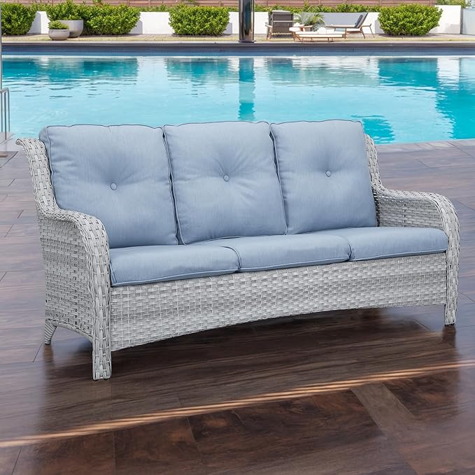 Rilyson Outdoor Couch Wicker Patio Sofa - 3 Seat Rattan Sofa with Deep Seating and Comfortable Cushions for Porch Deck Balcony Garden(Light Grey/Sky Blue)