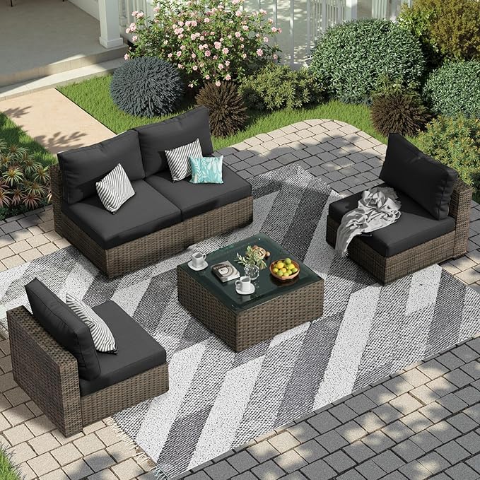 5 Piece Patio Furniture Set All Weather PE Rattan Outdoor Sectional Sofa Couch with No-Slip Cushions and Glass Top Table for Garden, Poolside, Backyard (Black)