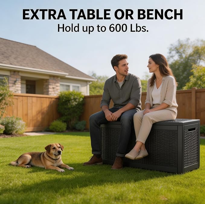LAUSAINT HOME 100 Gallon Resin Deck Box, Package Delivery Box with Lockable Lid, Waterproof Outdoor Storage Box For Garden Tools, Patio Cushions(100 Gallon,Black)