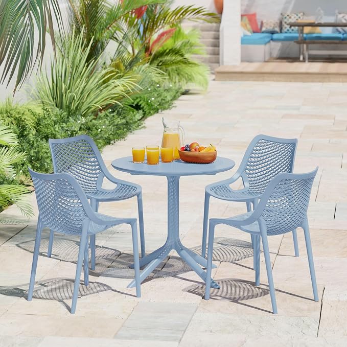 Costaelm Small Patio Table, Outdoor Round Dining Table, Weather Resistant Outside Table for Poolside Deck Lawn Garden Backyard, French Blue