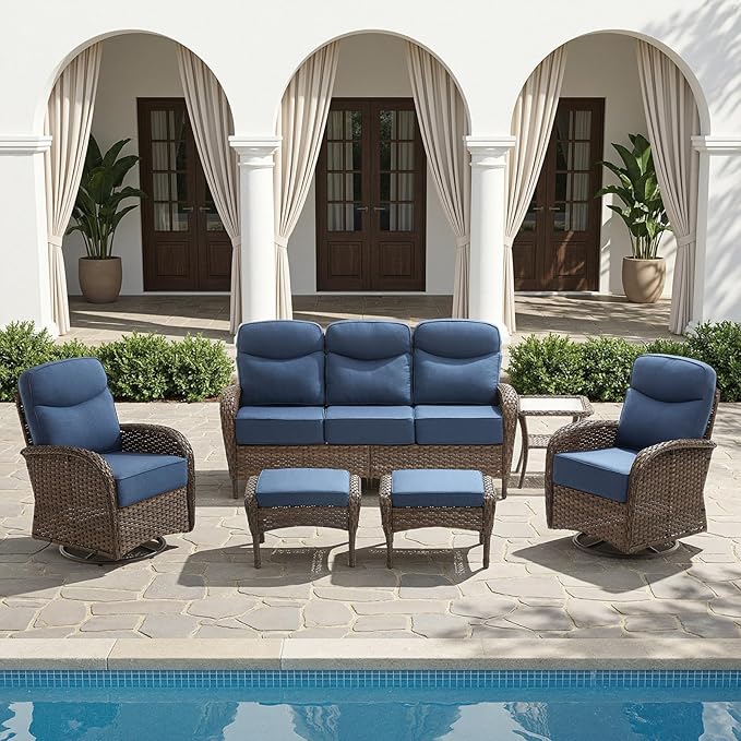 HUMMUH 5-Piece Patio Furniture Set with Upgraded 6" Thick Cushion - High Back Outdoor Swivel Rocker Chairs with 3-Seater Sofa,Ottomans,Wicker Outdoor Conversation Set for Deck,Porch,Yard,Poolside
