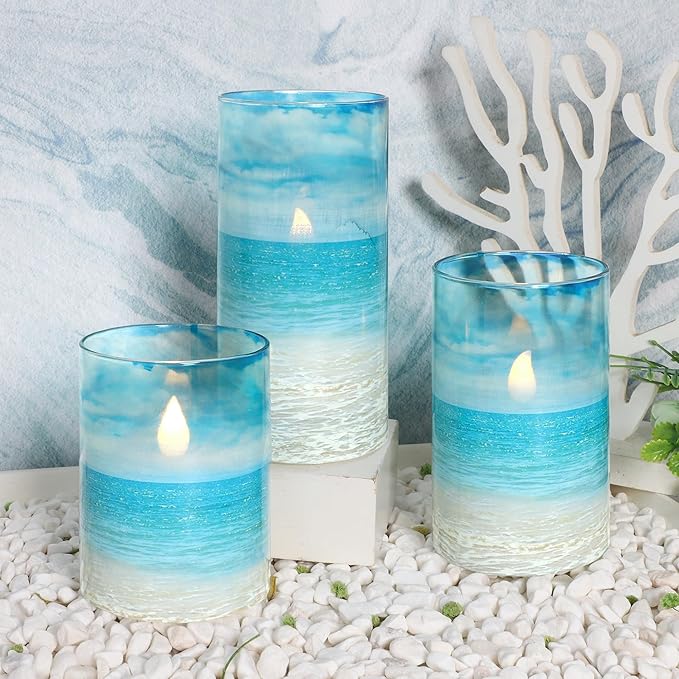 Blue Flickering Flameless Candles with Remote - Glass Battery Operated LED Pillar Candles for Beach/Coastal Theme Wedding Decorations (Set of 3)