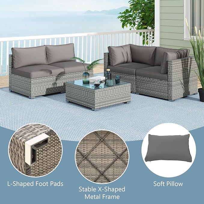 Tangkula 10-Piece Outdoor Patio Sectional Sofa Couch, PE Rattan Conversation Set w/Glass Coffee Table & Cushions, Outdoor Furniture Set w/Sturdy Metal Frame for Garden Poolside Backyard