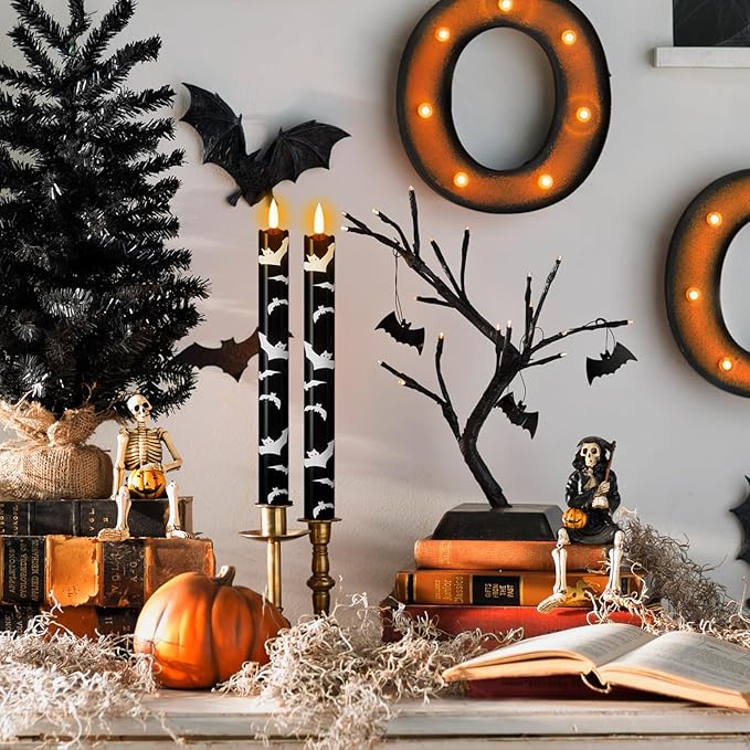 Eldnacele Flameless Flickering Taper Candles with Remote and Timer, Battery Operated Bats Decal Real Wax Black LED Window Candles Set of 4 Fireplace Spooky Halloween Holiday Decor
