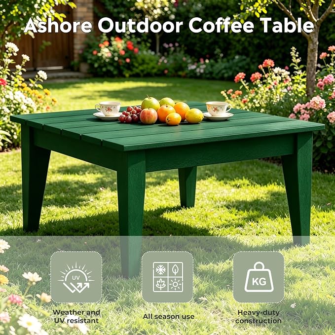 WestinTrends Ashore Outdoor Coffee Table, 32 Inch All Weather Poly Lumber Adirondack Patio Coffee Table Square Low Table, Dark Green