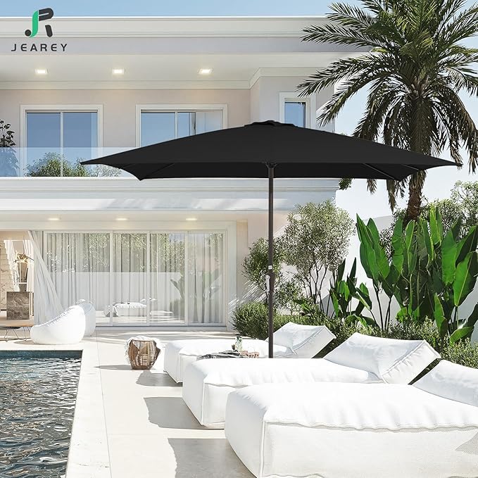 JEAREY 8x10 ft Rectangular Patio Umbrellas Outdoor Table Market Umbrella w/Crank, 8 Sturdy Ribs, UV Protection Windproof Sunproof for Garden, Deck, Backyard, Pool(Black)