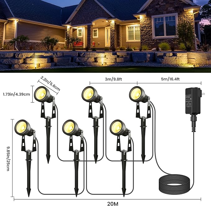 Zuske Outdoor Landscape Lighting, 6-Pack Outdoor Spot Lights with Transformer, Plug in LED Spot Lights for Garden, Yard, Backyard, Plants, Lawn, Trees, House, Flags, IP65 Waterproof – Warm White