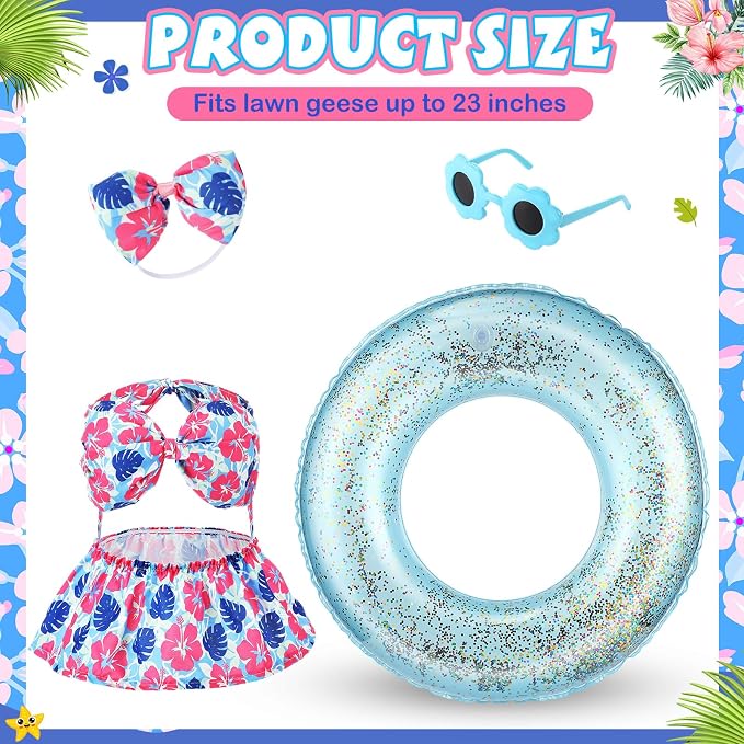 Bikini Porch Goose Outfits with Sunglasses and Swimming Tube for 23" Summer Goose Costume Garden Patio Statue Decor(Blue Monstera Leaf)