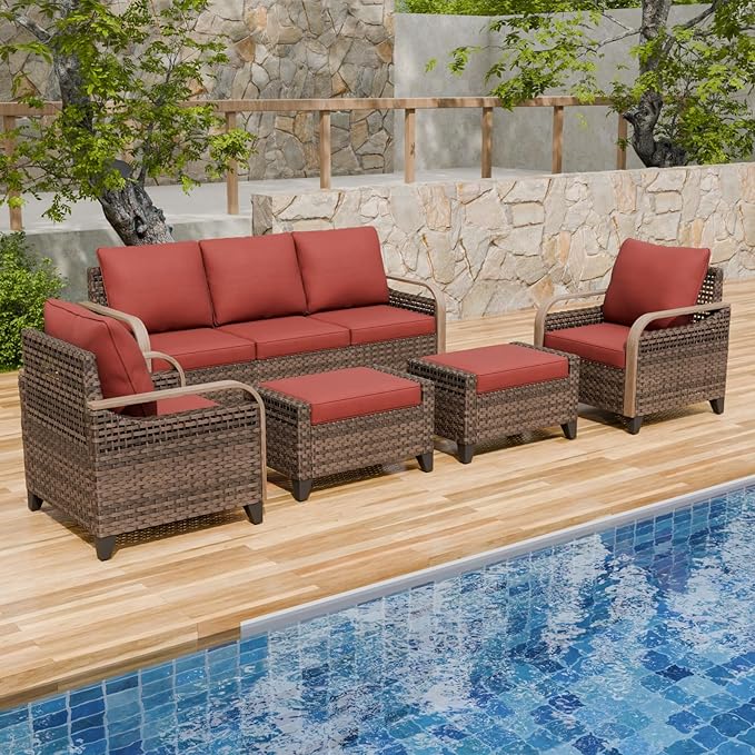 Modern Wicker Patio Furniture Set, Rattan Outdoor Conversation Set with Comfortable Cushions, 2 Patio Chairs, 3 Seat Couch and 2 Ottomans, 5 Pieces, Brown/Red