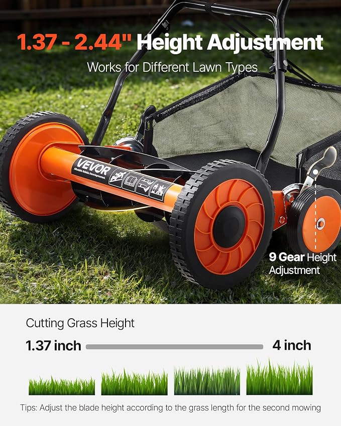 VEVOR Push Reel Lawn Mower 18 inch, 5 Blades Manual Push Mower No Motor, 1.37-2.44 in Adjustable Cutting Height, Walk-Behind Lawn Mowers with Grass Catcher Bag for Green Lawns, Driveways, Courtyards