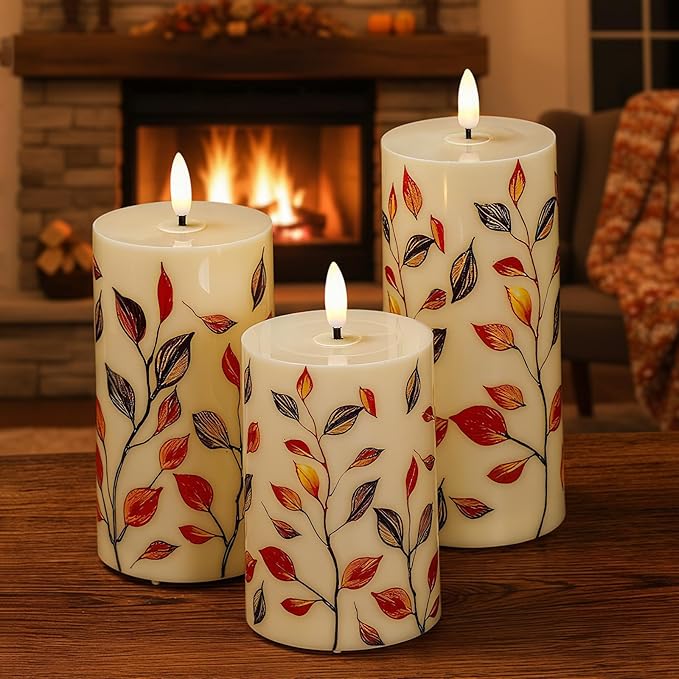 Tuanse 3 Pcs Thanksgiving Fall Flameless Candles Maple Leaf LED Candle Lights Battery Operated Candles Mixed Size Flickering LED Light for Fall Thanksgiving Halloween Harvest(Red Maple Leaf)