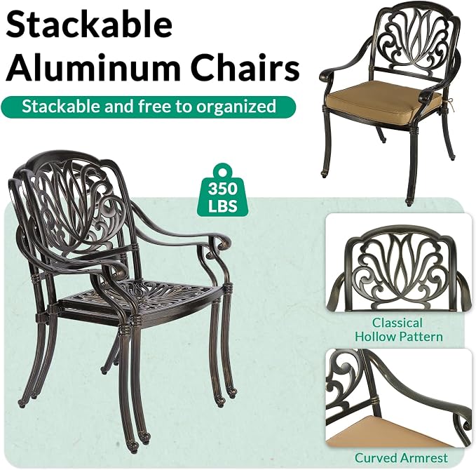 VIVIJASON 3 Piece Cast Aluminum Patio Bistro Set, Outdoor Dining Set with 42" x 24" Rectangular Table and 2 Cushioned Chairs, Rust Proof & Weather Resistant for Small Balcony, Porch, Garden, Deck