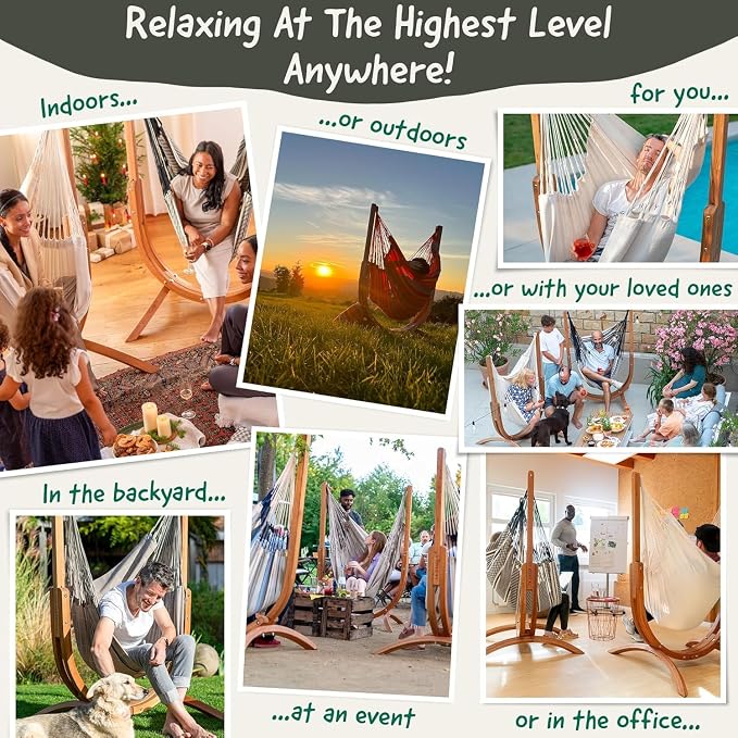 LA SIESTA Udine Outdoor Hammock Chair Set with freestanding Wooden Stand, Double-Size Weather-Resistant Hammock Chair with FSC-Certified Eucalyptus Wood Stand - Almond