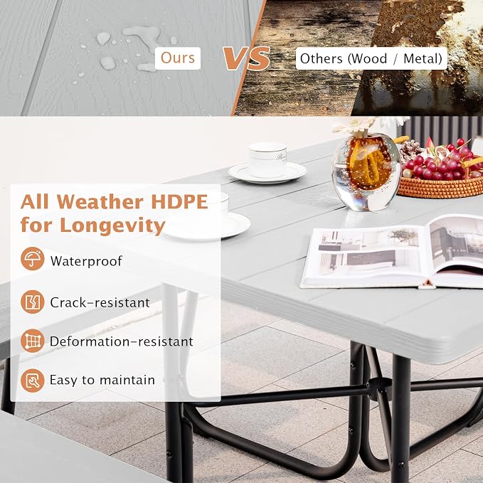Giantex Picnic Table Bench Set for 8 Persons, Square Outdoor Table with Umbrella Hole, HDPE Top & Metal Frame, 2000LBS Capacity, Patio Table Bench Set for Deck Backyard Garden, Gray