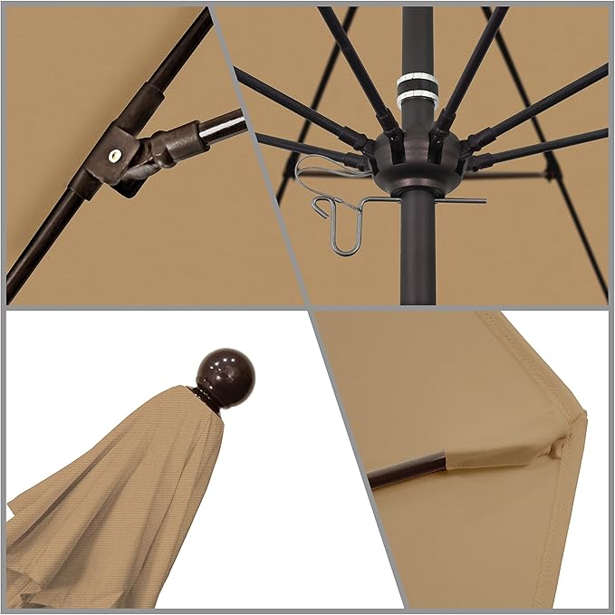 California Umbrella 9' Round Aluminum/Fiberglass Umbrella, Push Open, Bronze Pole, Olefin Champagne Fabric