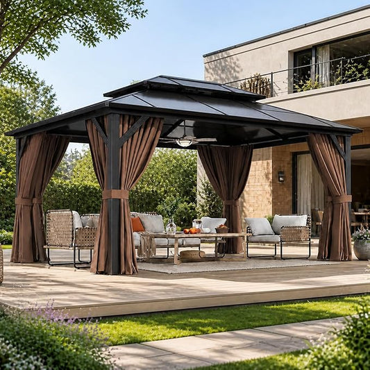 Aoxun 12'x16' Hardtop Gazebo, Outdoor Metal Gazebo with Double Polycarbonate Roof Canopy, Permanent Pavilion with Netting and Curtains for Lawn, Garden, Patio (Brown)