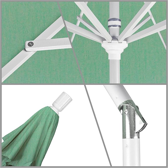 California Umbrella 9' Round Aluminum Market Umbrella, Crank Lift, Collar Tilt, White Pole, Pacifica Pacific Blue