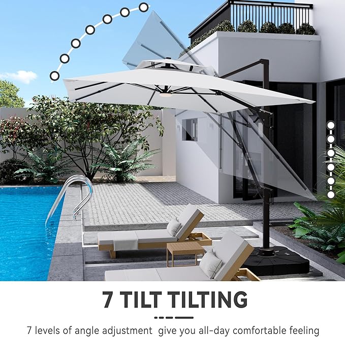 10x13 FT Cantilever Patio Umbrella with Base and Led Lights Double Top Outdoor Rectangular Large Heavy Duty Aluminum Offset Umbrellas with 7 Level Tilt 360-degree Rotation for Pool Garden Deck, Fog Grey