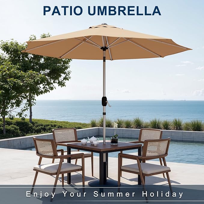 9FT Aluminum Outdoor Patio Umbrella, Fade-Resistant Market Umbrella with Push Button Tilt Function, 8 Sturdy All-Aluminum Ribs for Gardens, Patios, Backyards & Pools