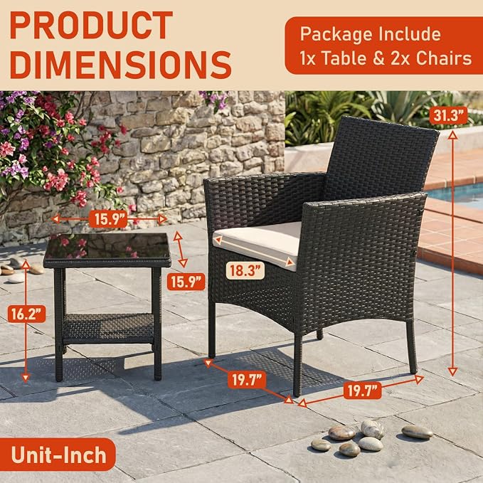 NChanmar 3 Pieces Patio Furniture Outdoor Bistro Set Outdoor&Indoor Conversation Set Coffee Table Chairs Set for 2 with Water-Resistant Cushions for Lawn Yard Garden Porch Balcony and Pool,Black