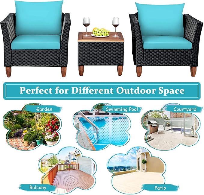 COSTWAY 3 Pieces Patio Rattan Furniture Set, Outdoor Wicker Conversation Chairs Set with Acacia Wood Coffee Table & Washable Cushion, Porch Furniture Bistro Set for Balcony, Garden Backyard, Turquoise