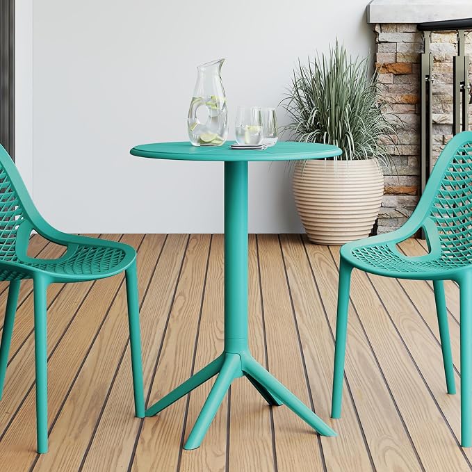 Costaelm Patio Table for 4-Person, Outdoor Patio PP Round Dining Table, All-Weather Bistro Dining Table for Backyard Deck Porch Poolside, Turquoise