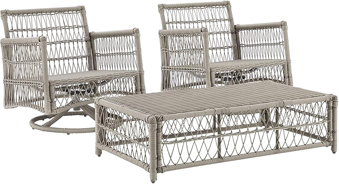 Crosley Furniture Thatcher 3-Piece Outdoor Swivel Rocker Chair and Ottoman Patio Furniture Set, Wicker Conversation Sets for Porch, Driftwood with Creme Cushions