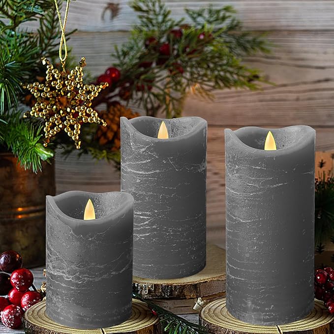 Real Wax Flameless Candles Set of 3 (D 3" x H 4" 5" 6") Battery Operated LED Candle with Timer Home Decorative Pillar Flickering Lights,Wedding Party Events Decor,Grey