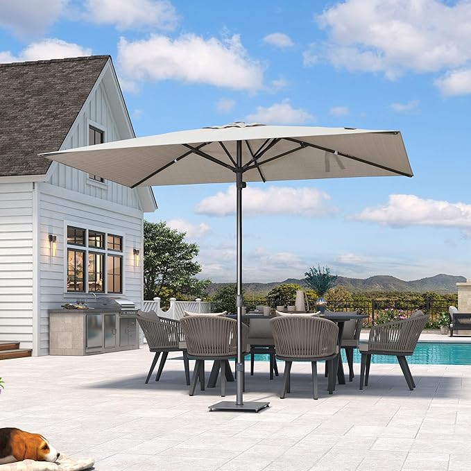 PURPLE LEAF 6 X 10 FT Semi-Auto Outdoor Patio Umbrella Market Table Sun Umbrellas with 6 Aluminum Sturdy Ribs for Backyard Deck Garden Pool (Gray Pole Beige Canopy)