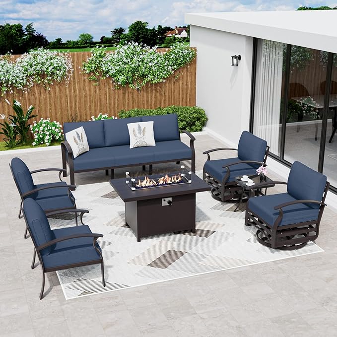 ALAULM Aluminum Patio Furniture Set with Propane Fire Pit Table Metal Outdoor Furniture w/Fire Pit Patio Conversation Sets w/5.1" Cushions and 7 Seats for Patio,Backyard,Poolside-Dark Blue