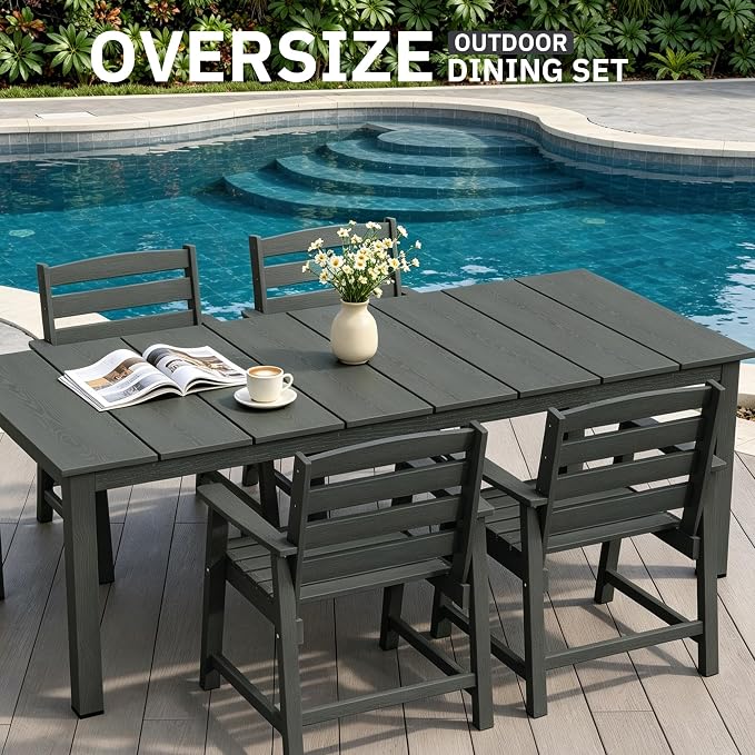 AreShark 5-Piece Outdoor Dining Set,HDPE Patio Table with 4 Armchairs,All-Weather Patio Furniture Set with Umbrella Hole,Low Maintenance Wood Grain Dining Set for Backyard,Garden,Poolside,Black