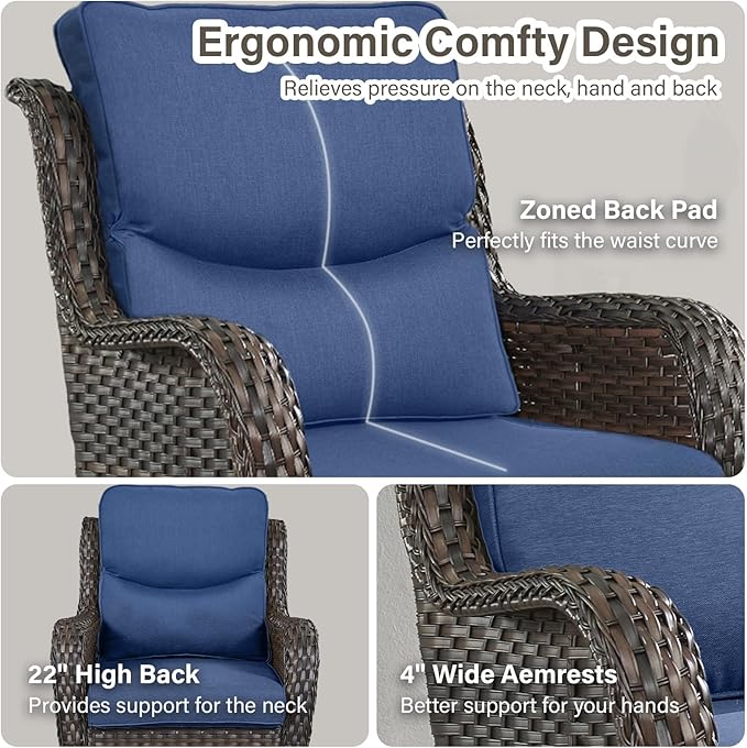 Outdoor Swivel Rocker Patio Chairs with 2 Ottomans - 5" Thick Cushion 4 Piece Furniture Set All Weather Comfortable Wicker Conversation Set for Porch Poolside and Deck - Brown-Blue