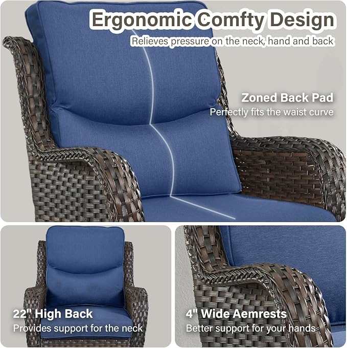 Outdoor Swivel Rocker Patio Chairs Set of 4 with Side Table - 5" Thick Cushion 6 Piece Furniture Set All Weather Comfortable Wicker Conversation Set for Porch Poolside and Deck - Brown/Blue