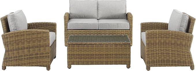 Crosley Furniture Bradenton 4-Piece Outdoor Loveseat Patio Furniture Set, Wicker Conversation Sets for Porch, Brown with Gray Cushions