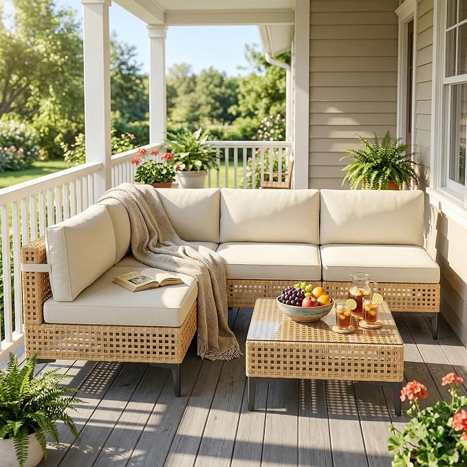 Restland 5 Piece Patio Furniture Wicker Modular Design Outdoor Sectional with Thick Cushion Large Patio Set Modern Boho Outdoor Conversation Set for Backyard, Porch