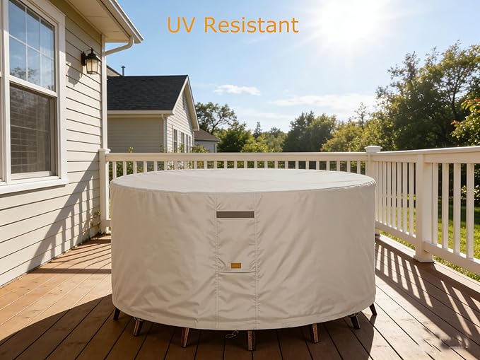600D Heavy Duty Waterproof Patio Furniture Covers UV Resistant Round Outdoor Table Chair Covers Large Round 84"Diax28"H Beige
