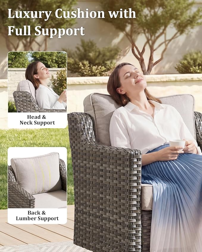Outdoor Furniture Set of 5, Patio Furniture Set with Wicker Swivel Rocker Chairs, Ottomans and Side Table, High Back&Deep Seat for Garden Deck Porch Balcony Backyard - Beige