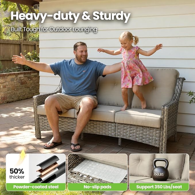 6 Piece Patio Furniture Set with Fire Pit Table, Outdoor Wicker High Back Sofa Chairs Ottoman with Comfy Cushions, Modern Conversation Sets for Backyard Deck Garden Poolside, Beige