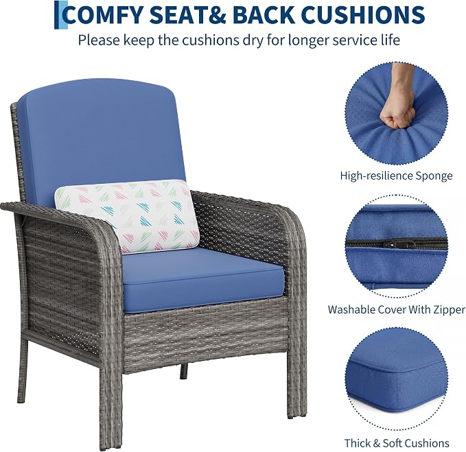 Garvee 2 Pieces Patio Furniture Set, Outdoor Wicker Chairs of 2,All Weather High Back Rattan Chairs 2-Seater with Comfy Cushions for Porch Deck,Gray & Blue