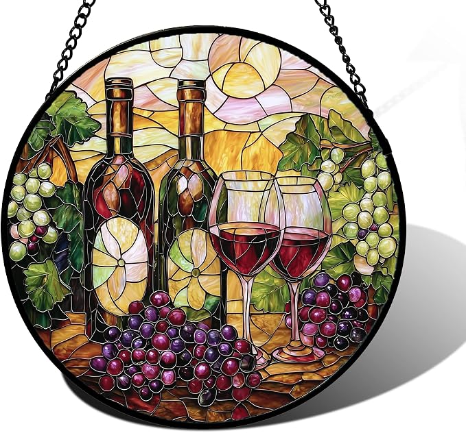 DASTOLL Stained Glass Window Hanging, Grapes and Wine Suncatcher Diamond Glass Panel Hangings Sun Catchers Decor for Birthday for Women, Men, Wife, Aunt, and Mom 7.8 in