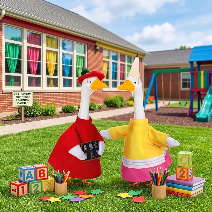 Abbylike 2 Set Back to School Porch Goose Outfit Pencil and Apple Goose Clothes Fits Large 23'' Cement Statue for Classroom Yard Patio Lawn Garden Pathway Art Decorations