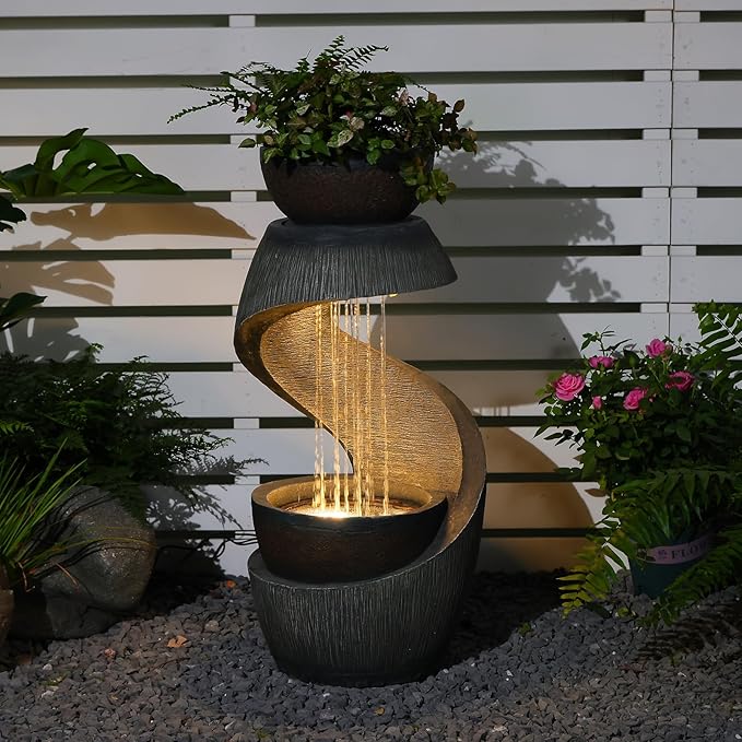 Outdoor Water Fountain with LED Lights, 31.9" Modern Resin Waterfall Fountain Outdoor, S-Shaped Garden Water Feature for Yard, Balcony, Home Decor, Patio Fountian and Waterfalls, Grey
