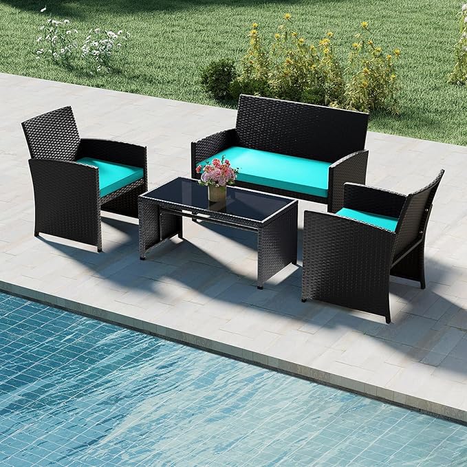Tangkula 8 Pieces Patio Wicker Furniture Set, Outdoor Heavy Duty Rattan Cushioned Chairs, Loveseat and Tempered Glass Coffee Table, for Backyard, Balcony, Poolside (Turquoised,2)