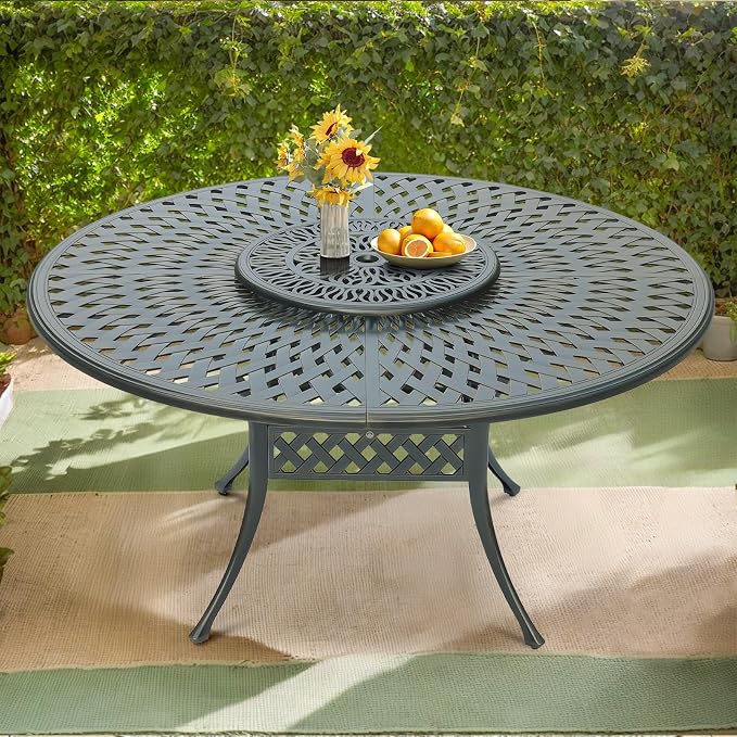 VIVIJASON Outdoor 61" Patio Round Dining Table for 6-8 Person, All Weather Cast Aluminum Patio Dining Table with 24" Lazy Susan and Umbrella Hole for Balcony, Porch and Deck
