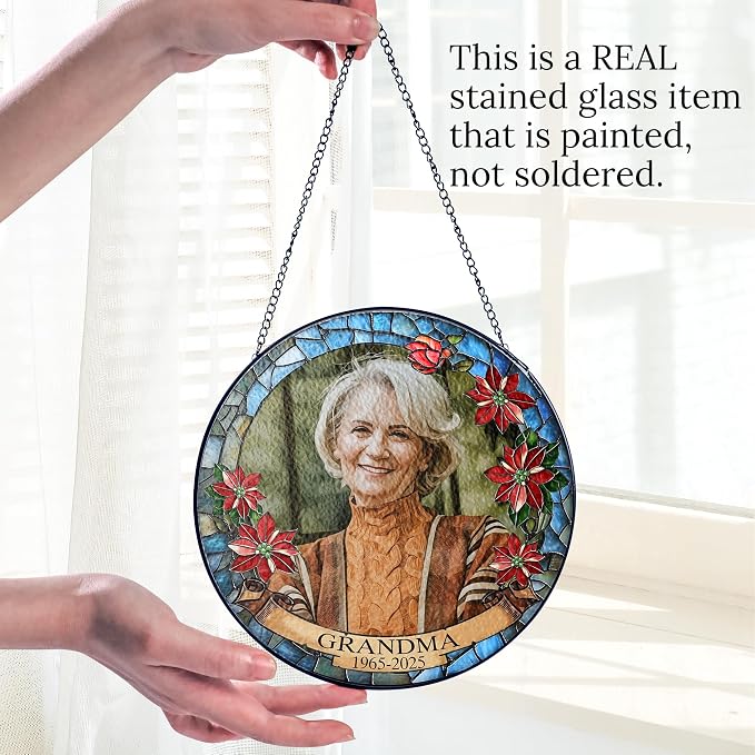 Personalized Memorial Photo Suncatcher – “Forever in Our Hearts” Christmas Ornament – in Loving Memory Gift for Mom or Grandma from Family – Custom Remembrance Window Keepsake